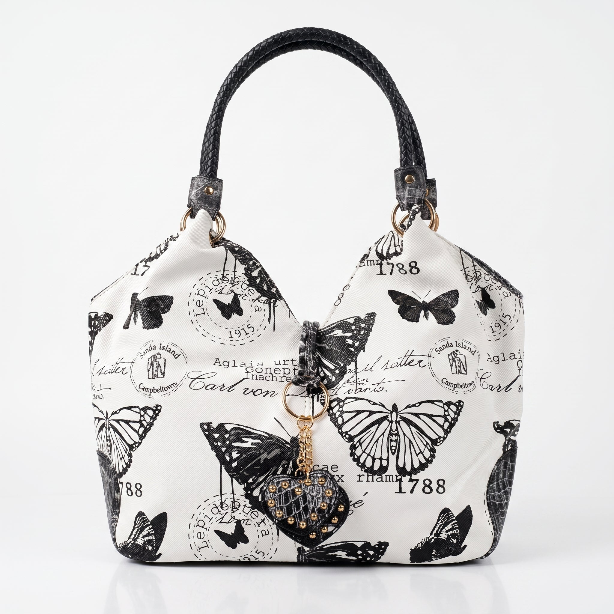 Borsa Adelina a Mano in Canvas Farfalle con Manici Intrecciati e Charm - Stile Donna Bags