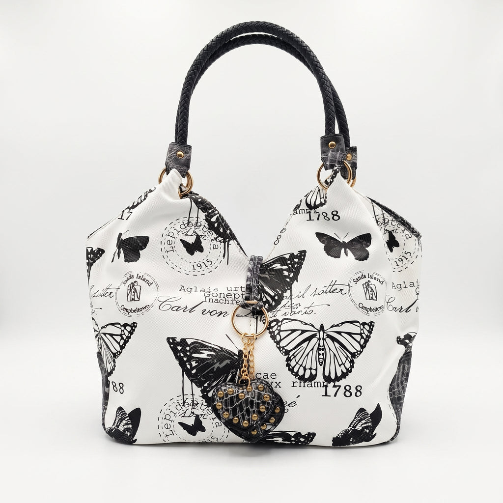 Borsa Adelina a Mano in Canvas Farfalle con Manici Intrecciati e Charm - Stile Donna Bags