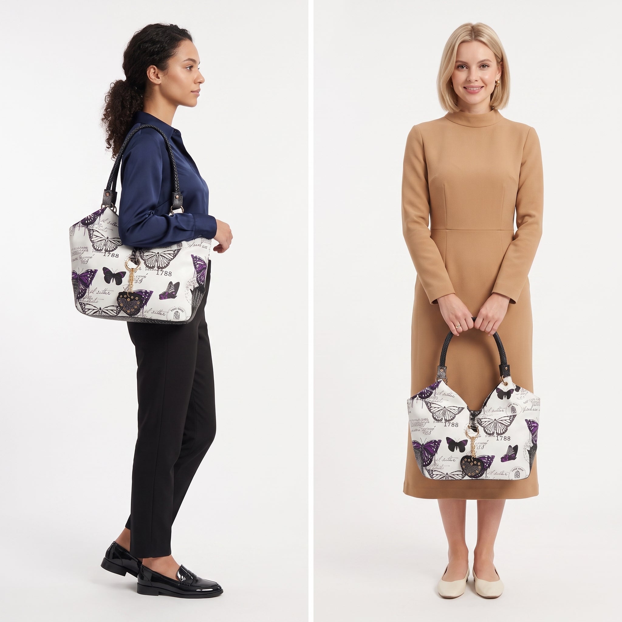Borsa Adelina a Mano in Canvas Farfalle con Manici Intrecciati e Charm - Stile Donna Bags