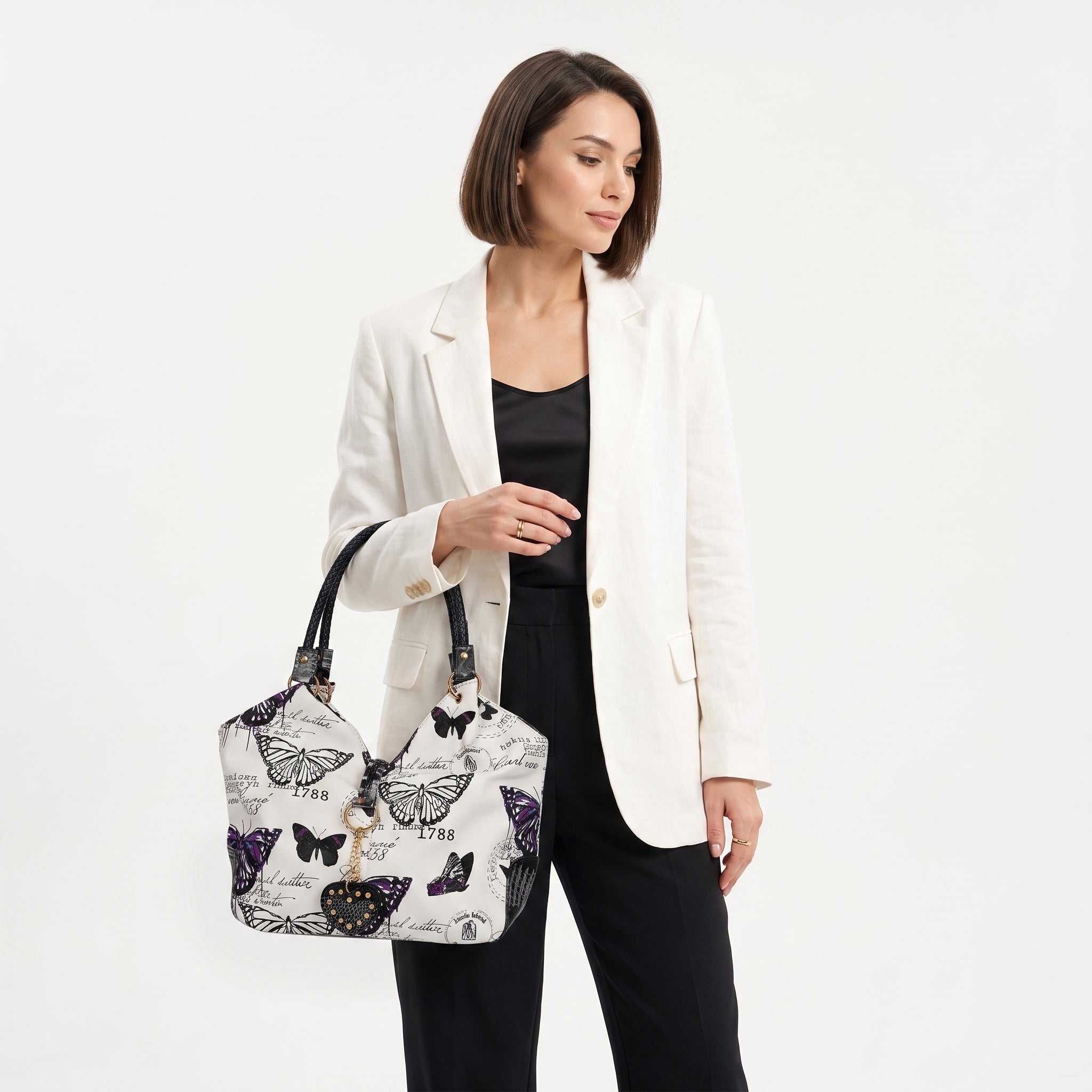 Borsa Adelina a Mano in Canvas Farfalle con Manici Intrecciati e Charm - Stile Donna Bags