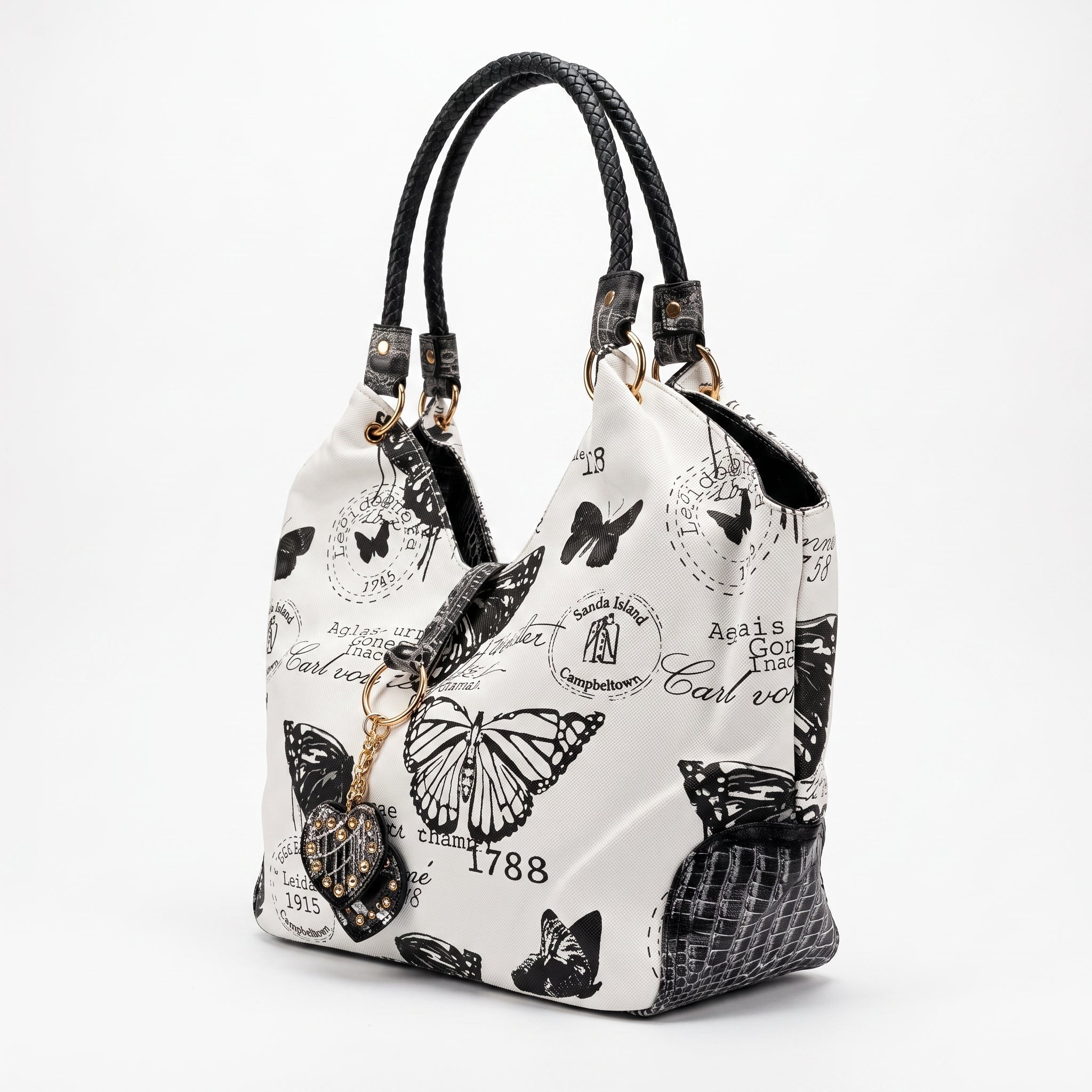Borsa Adelina a Mano in Canvas Farfalle con Manici Intrecciati e Charm - Stile Donna Bags