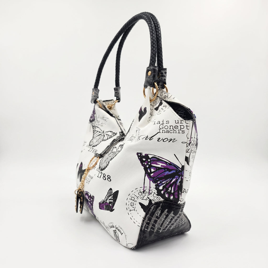 Borsa Adelina a Mano in Canvas Farfalle con Manici Intrecciati e Charm - Stile Donna Bags