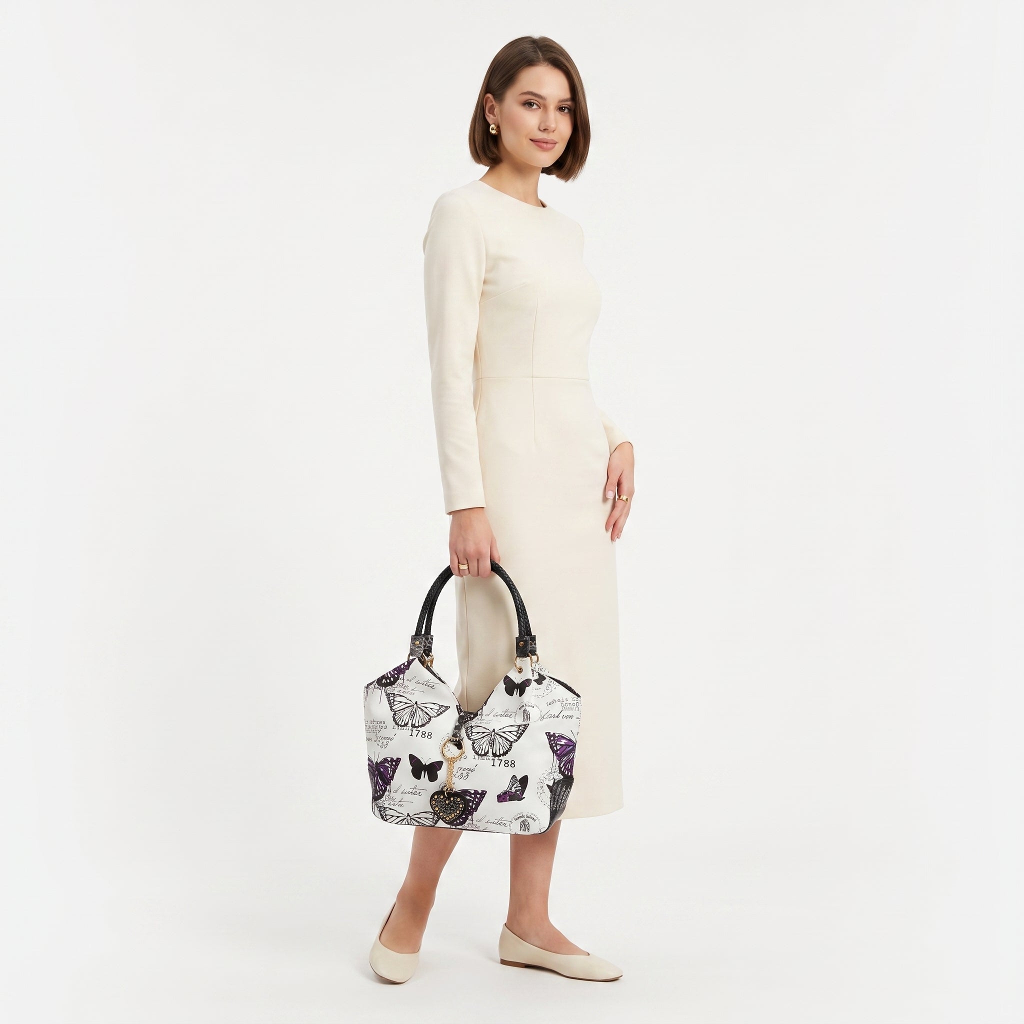 Borsa Adelina a Mano in Canvas Farfalle con Manici Intrecciati e Charm - Stile Donna Bags