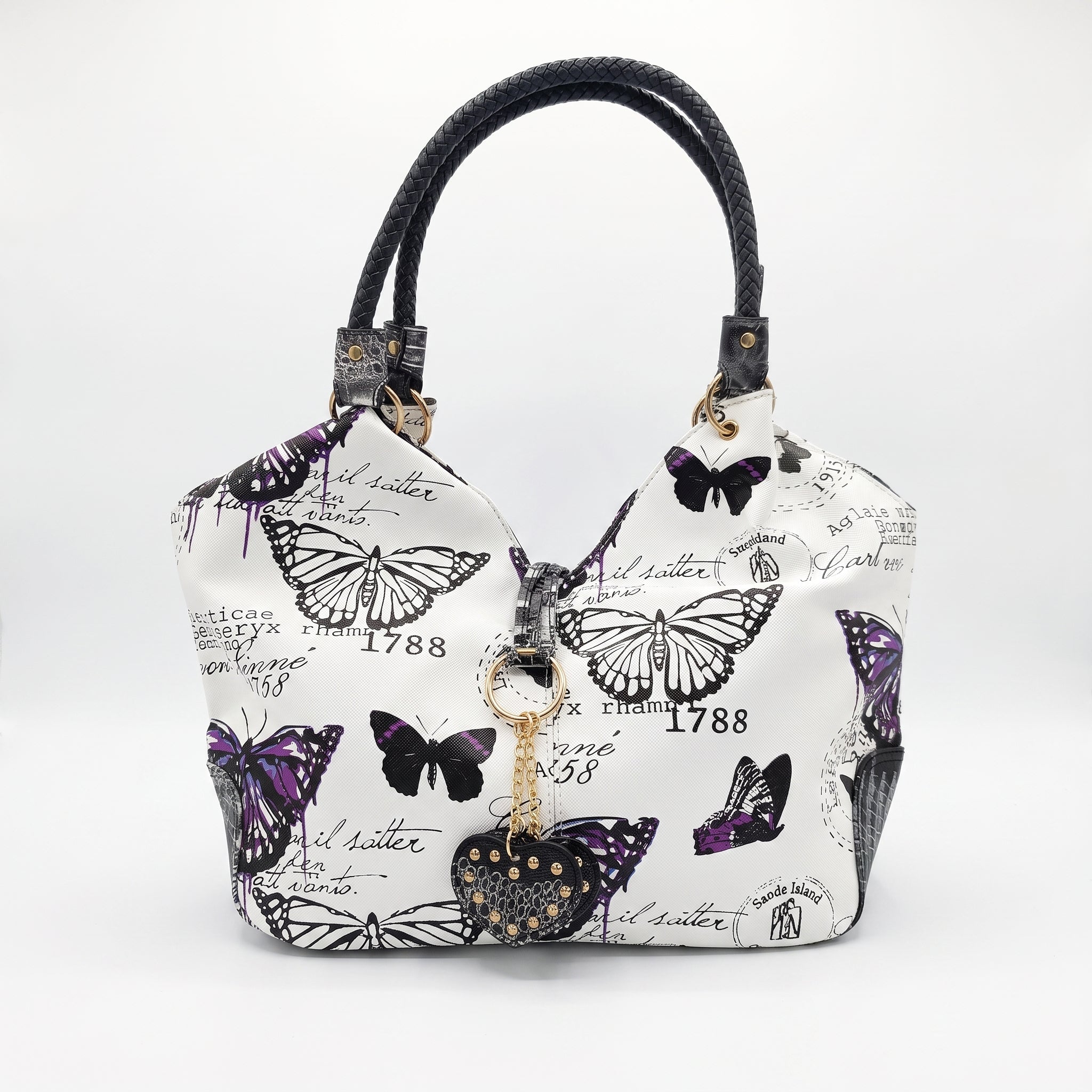 Borsa Adelina a Mano in Canvas Farfalle con Manici Intrecciati e Charm - Stile Donna Bags
