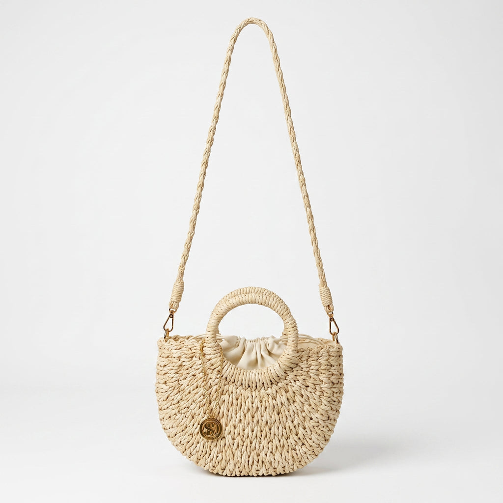 Borsa Alessia Semilunare in Rafia con Manici Circolari e Tracolla – Stile Donna - Stile Donna Bags