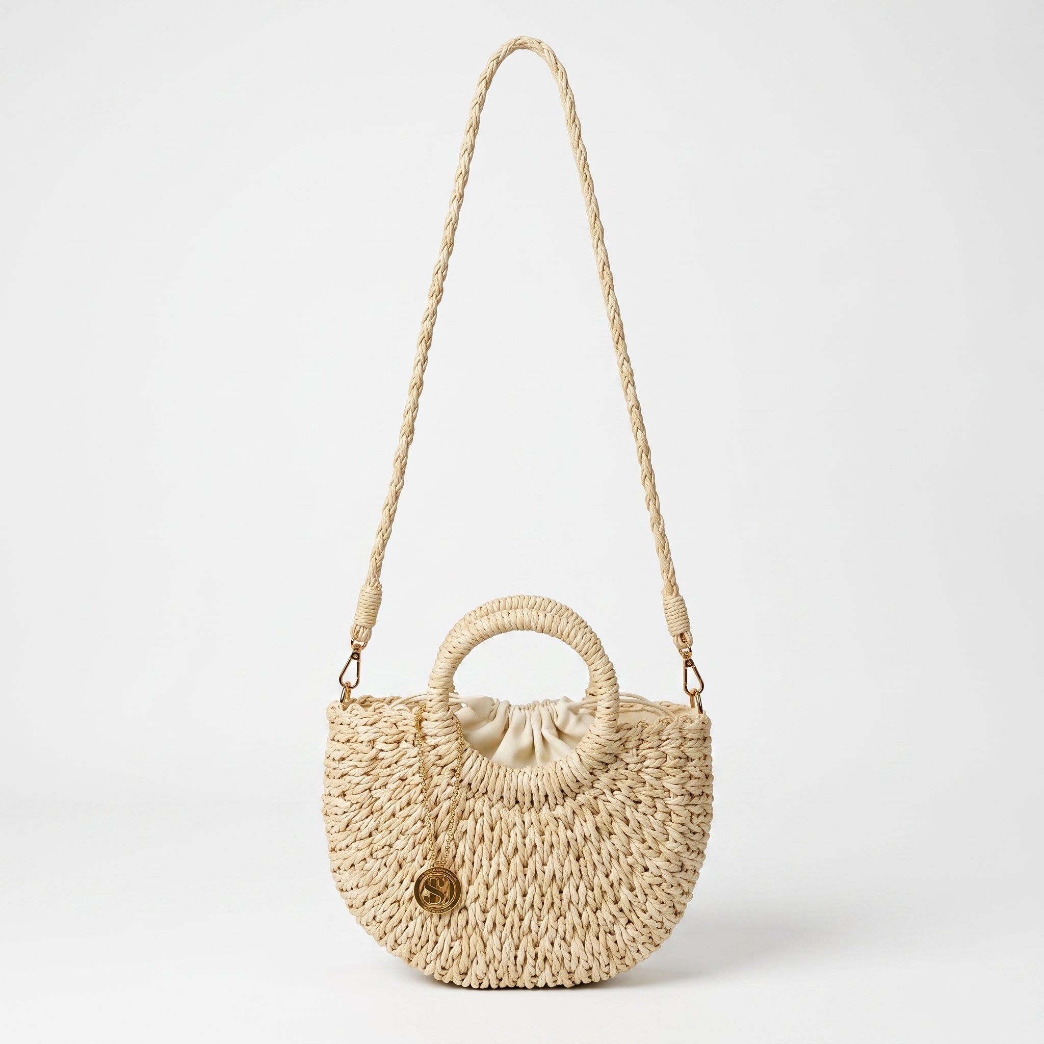 Borsa Alessia Semilunare in Rafia con Manici Circolari e Tracolla – Stile Donna - Stile Donna Bags