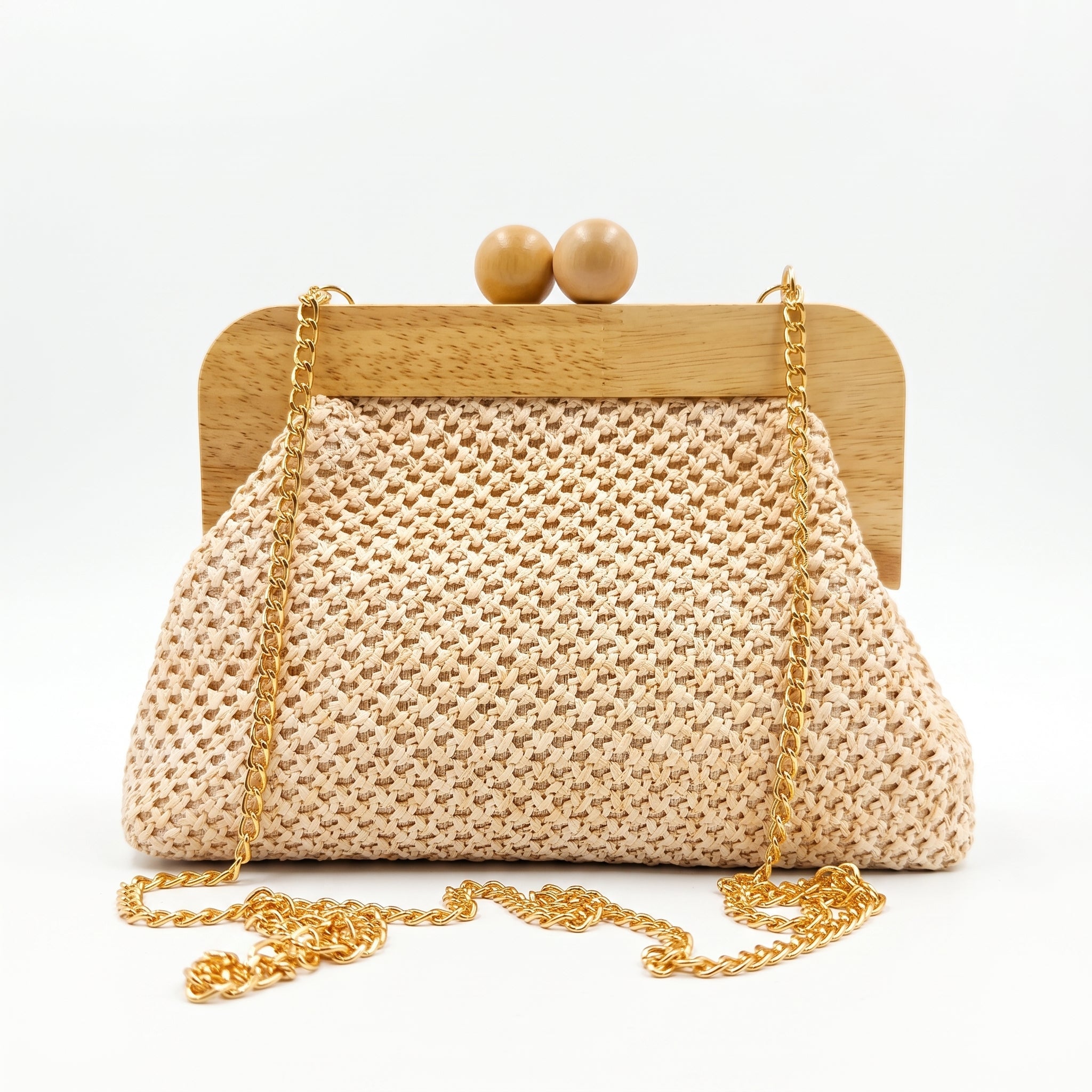 Borsa Caterina a Tracolla in Rafia con Cornice in Legno e Catena Dorata – Stile Donna - Stile Donna Bags