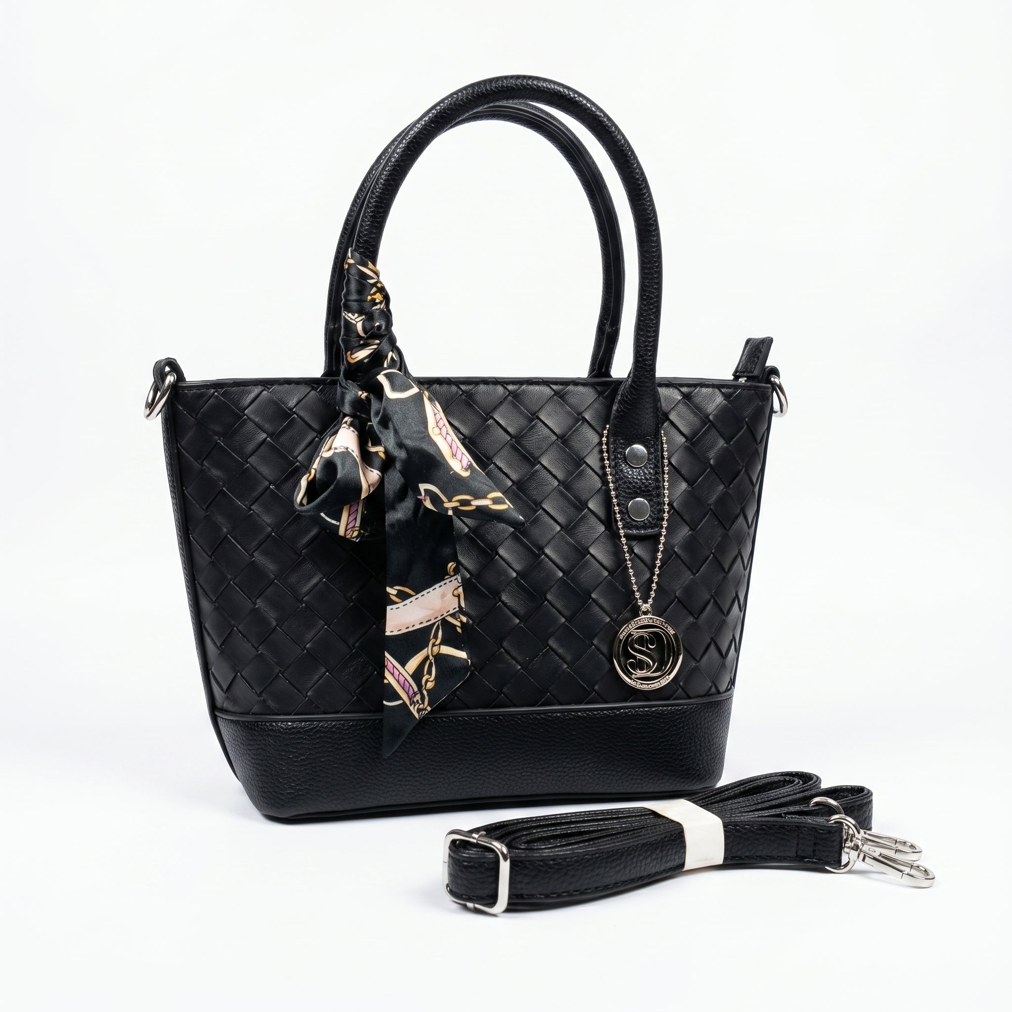 Borsa della Spesa in Ecopelle Nera Intrecciata con Dettaglio Sciarpa - Stile Donna Bags
