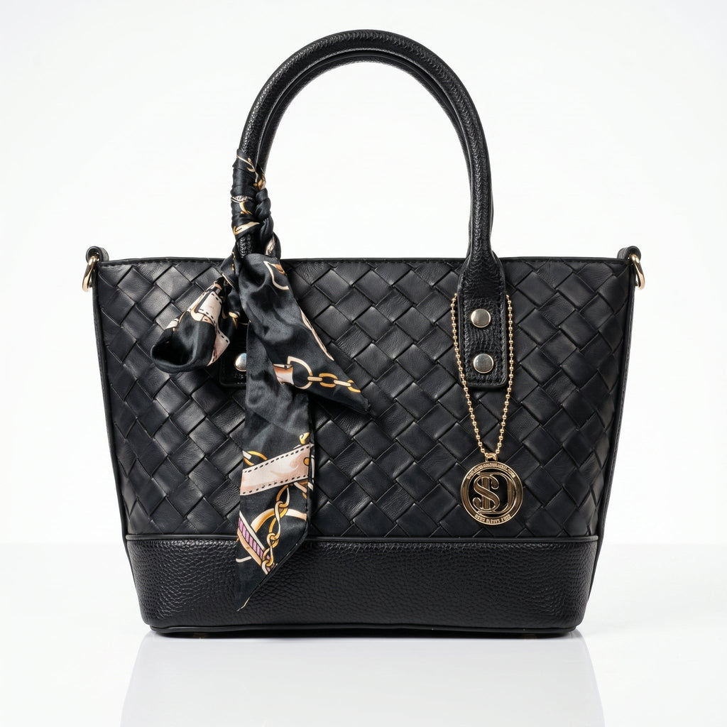 Borsa della Spesa in Ecopelle Nera Intrecciata con Dettaglio Sciarpa - Stile Donna Bags