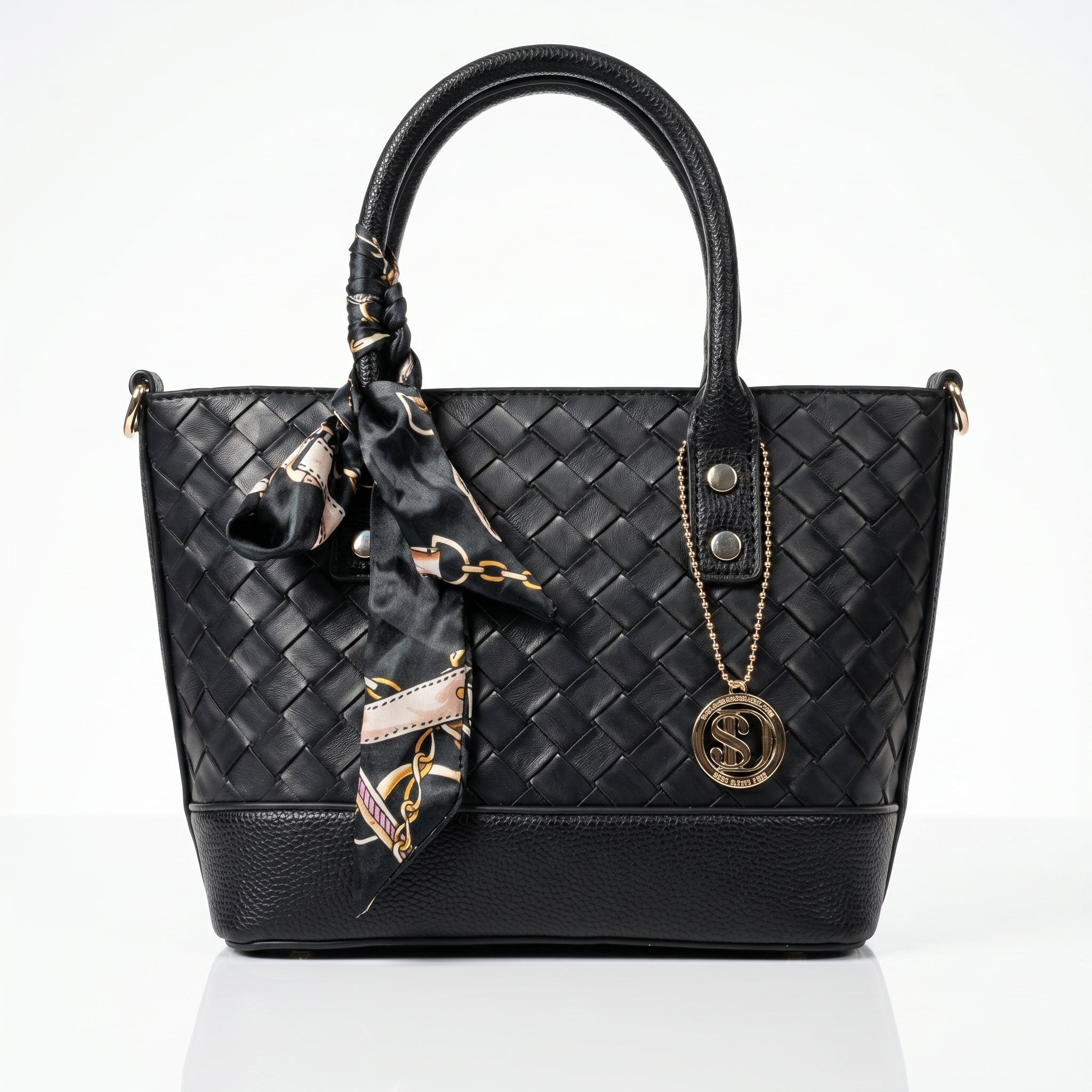 Borsa della Spesa in Ecopelle Nera Intrecciata con Dettaglio Sciarpa - Stile Donna Bags
