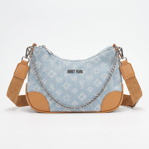 Borsa Hobo Sweet Years in Denim Jacquard con Catena e Tracolla Larga - Stile Donna Bags