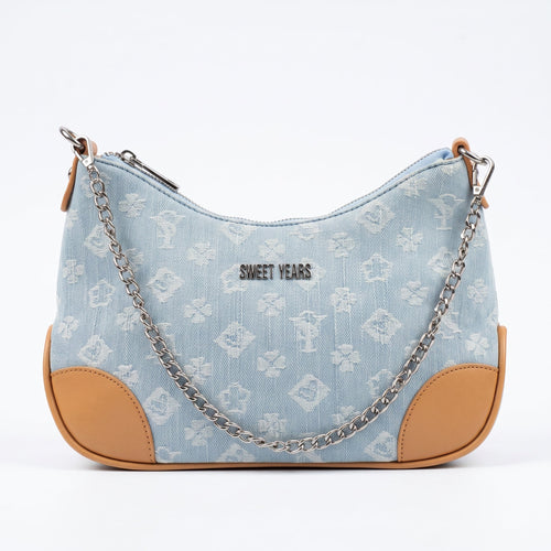Borsa Hobo Sweet Years in Denim Jacquard con Catena e Tracolla Larga - Stile Donna Bags