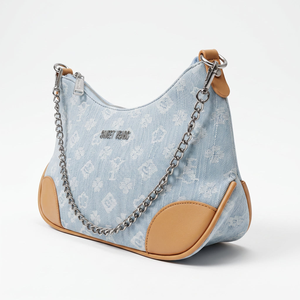 Borsa Hobo Sweet Years in Denim Jacquard con Catena e Tracolla Larga - Stile Donna Bags
