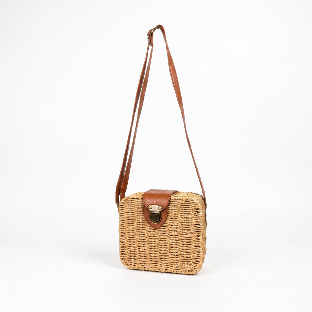 Borsa Intrecciata a Scatola in Paglia e Ecopelle - Stile Donna Bags