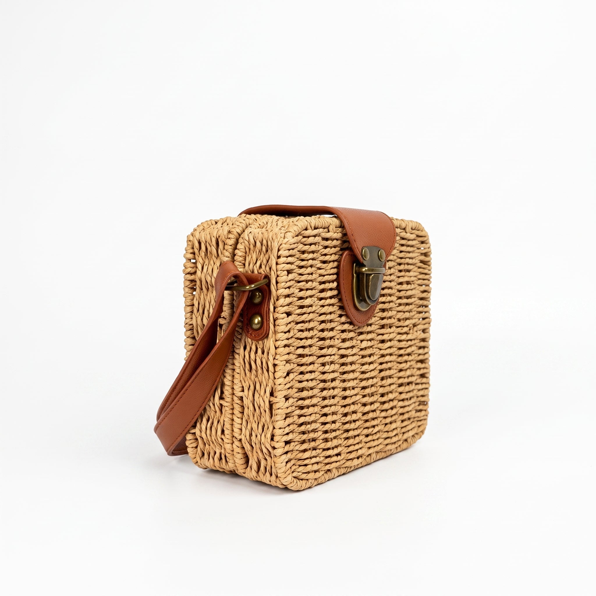 Borsa Intrecciata a Scatola in Paglia e Ecopelle - Stile Donna Bags