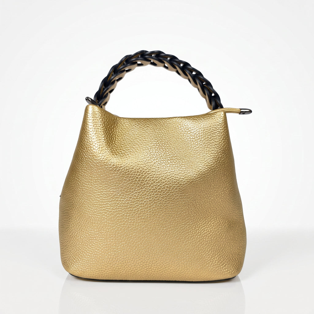 Borsa Secchiello con Manico Intrecciato in Ecopelle e Fodera con Tasche - Stile Donna Bags