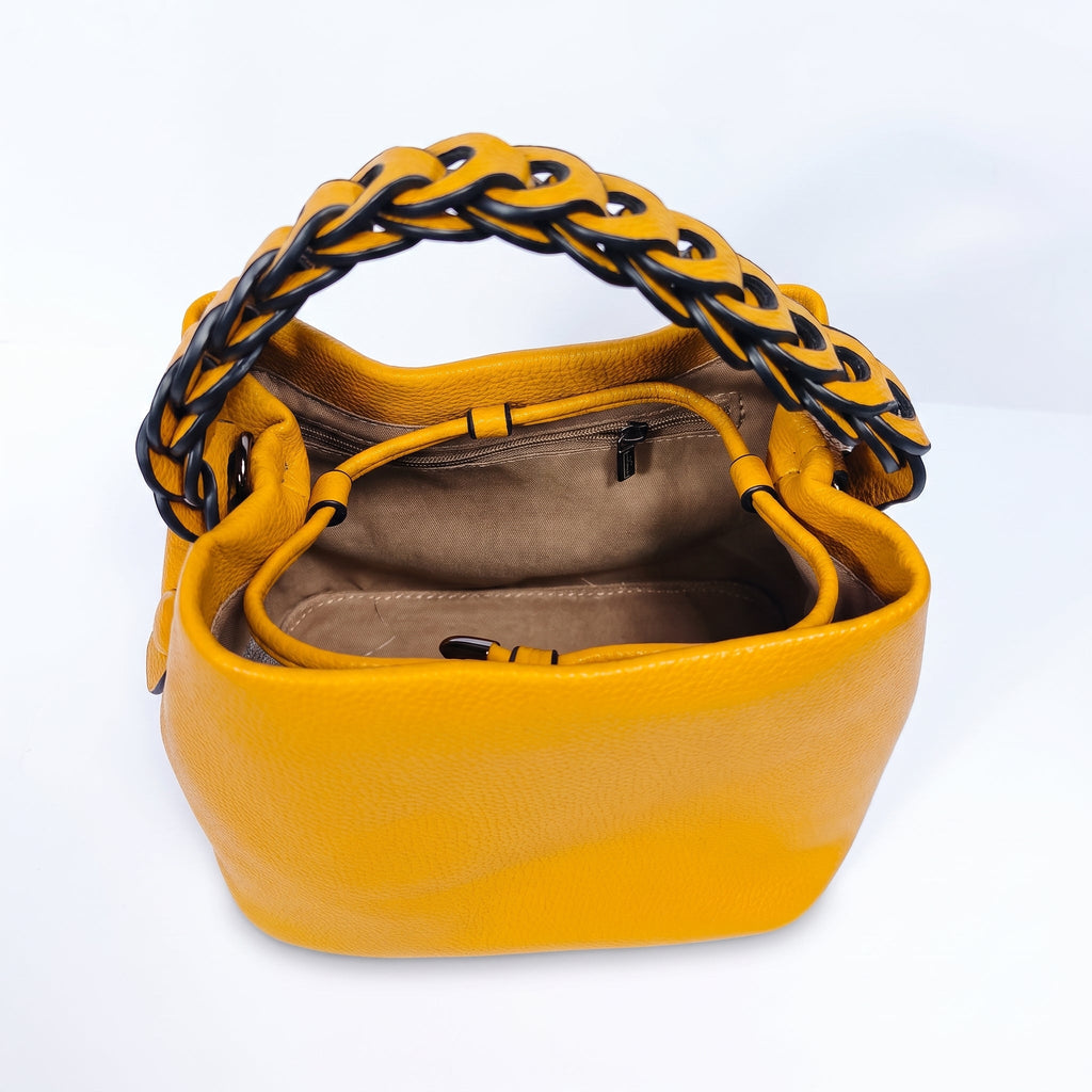 Borsa Secchiello con Manico Intrecciato in Ecopelle e Fodera con Tasche - Stile Donna Bags