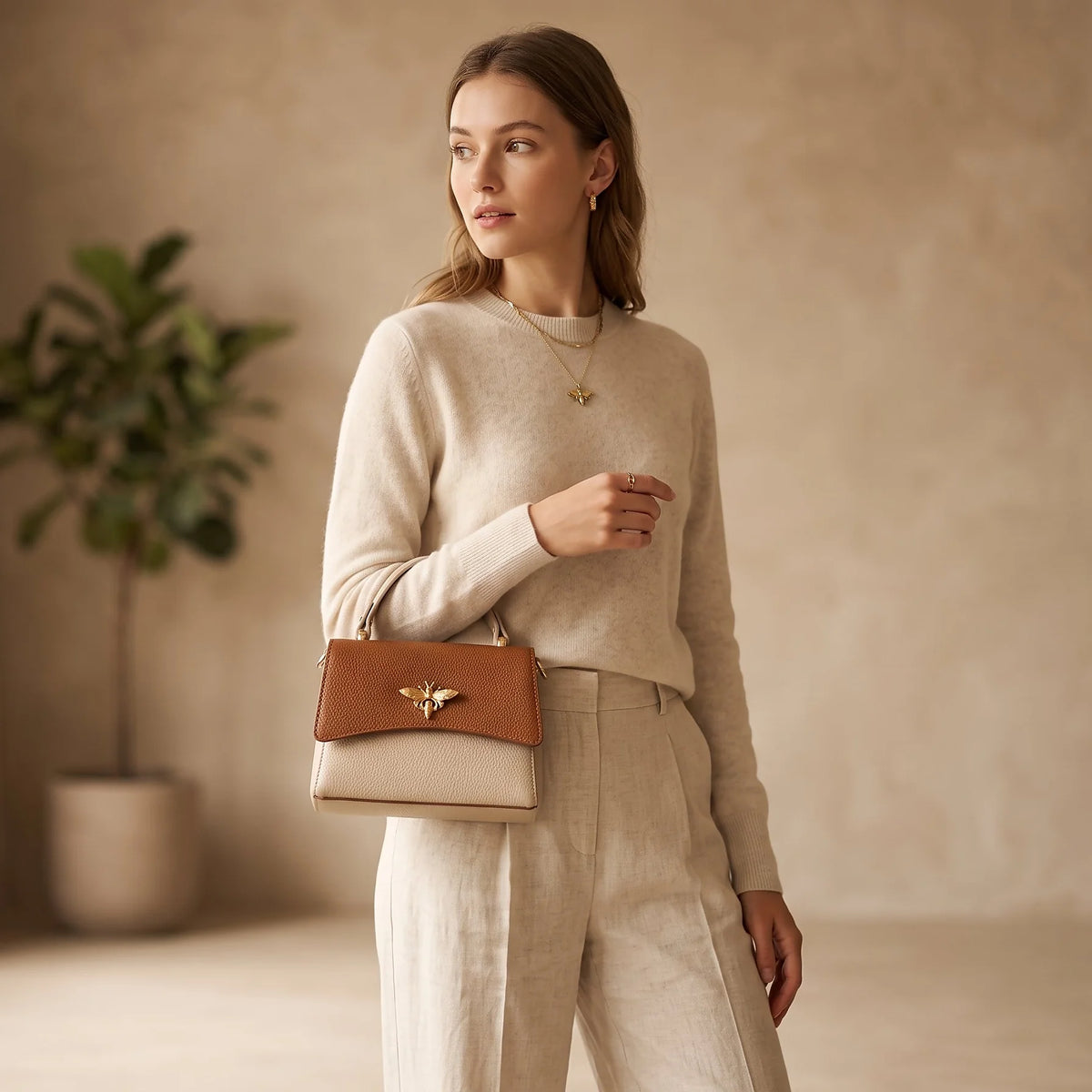 una donna che tiene una borsa