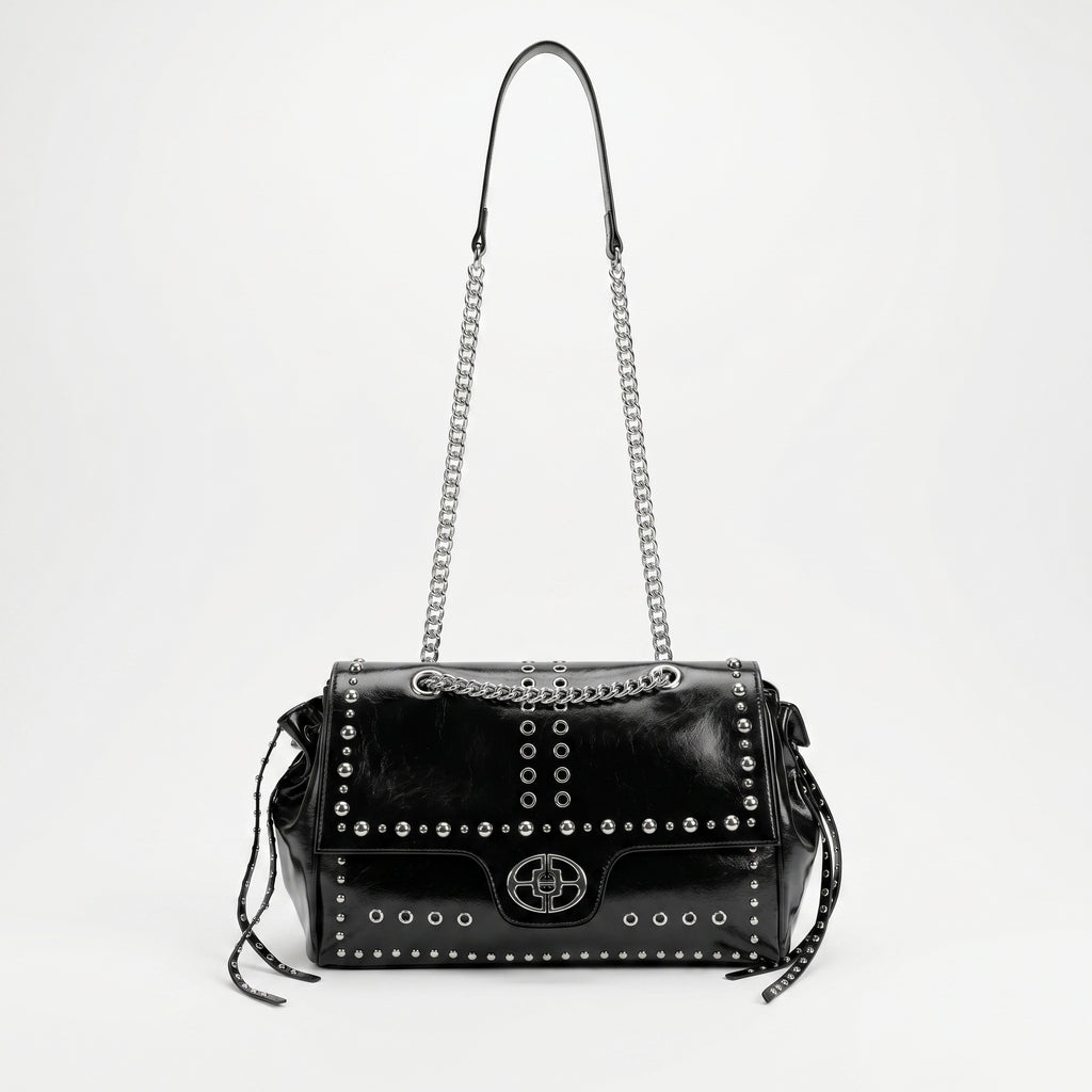Rock Star Borsa a Patta in Ecopelle con Borchie Argentate Tracolla a Catena - Stile Donna Bags