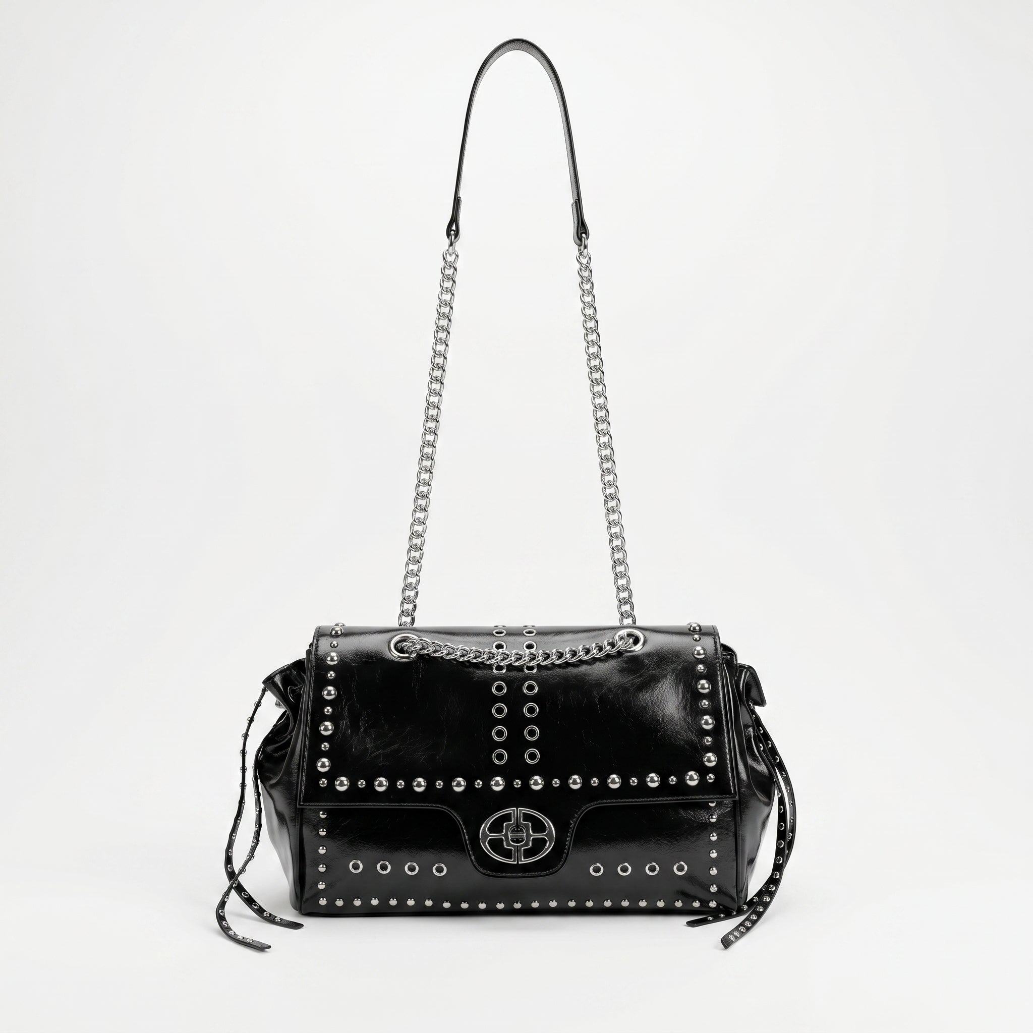 Rock Star Borsa a Patta in Ecopelle con Borchie Argentate Tracolla a Catena - Stile Donna Bags