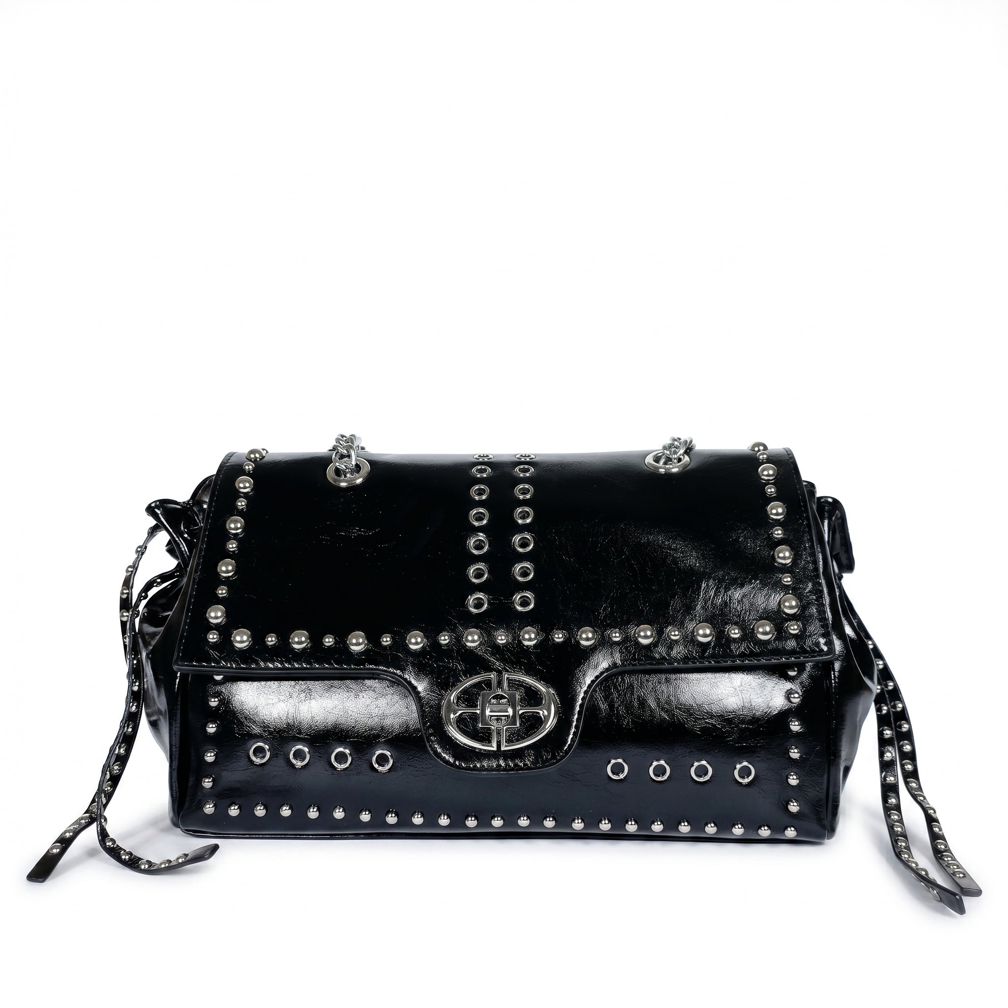 Rock Star Borsa a Patta in Ecopelle con Borchie Argentate Tracolla a Catena - Stile Donna Bags