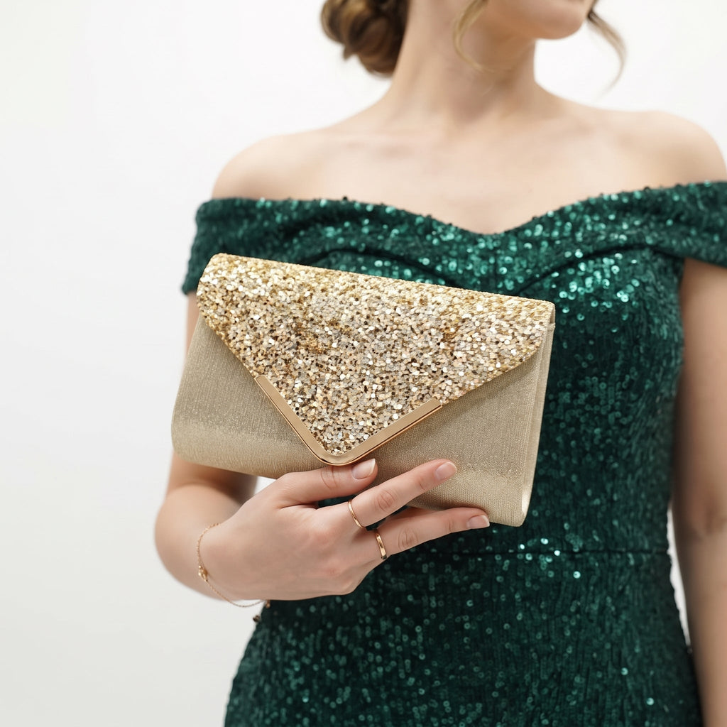 Clutch Busta con Patta Glitter Oro - Stile Donna - Catania