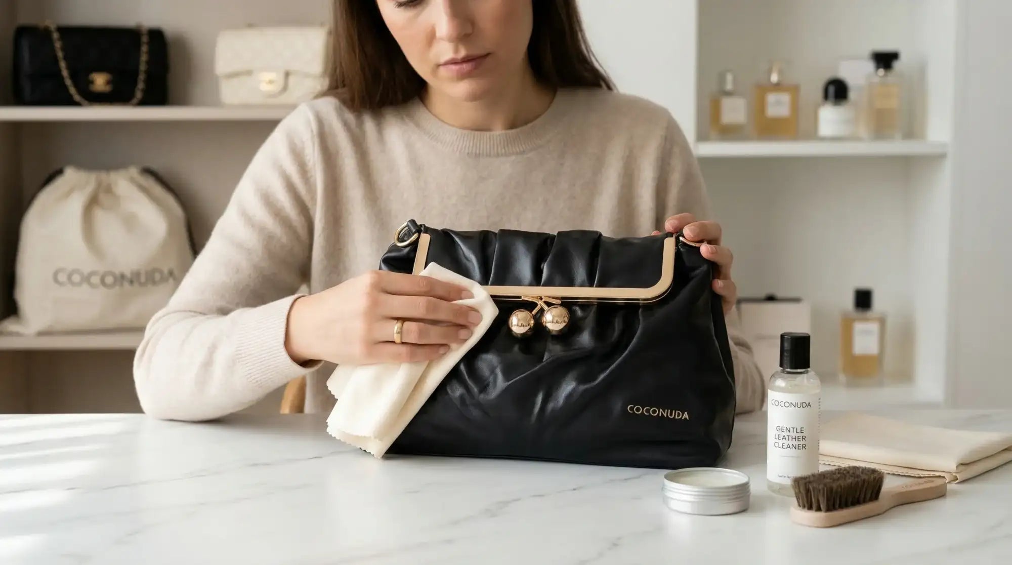 clutch-pelle-nera-hardware-tono-oro-logo-brandizzato - Stile Donna Bags