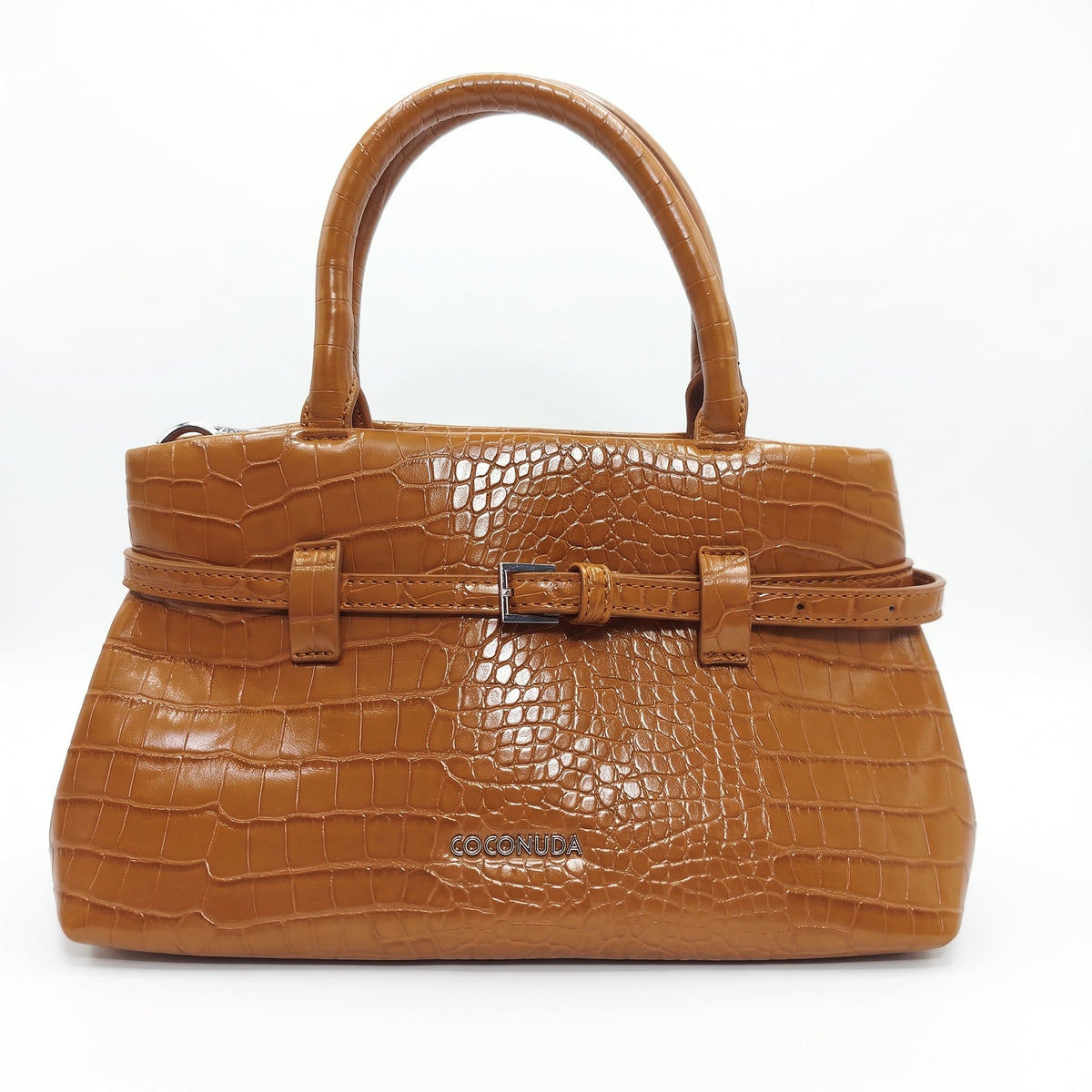 Coconuda Borsa a Mano in Pelle Verniciata Lucida Marrone Effetto Coccodrillo - Stile Donna - Catania