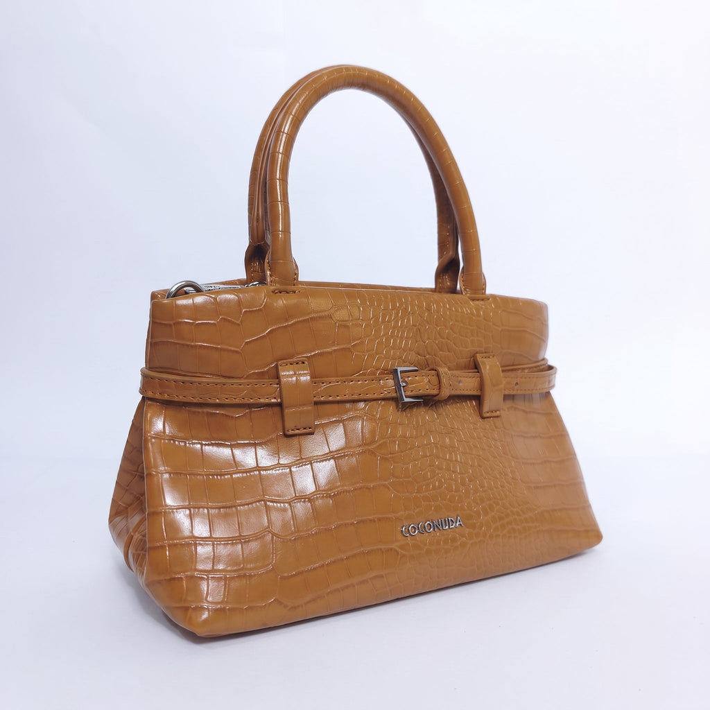 Coconuda Borsa a Mano in Pelle Verniciata Lucida Marrone Effetto Coccodrillo - Stile Donna - Catania