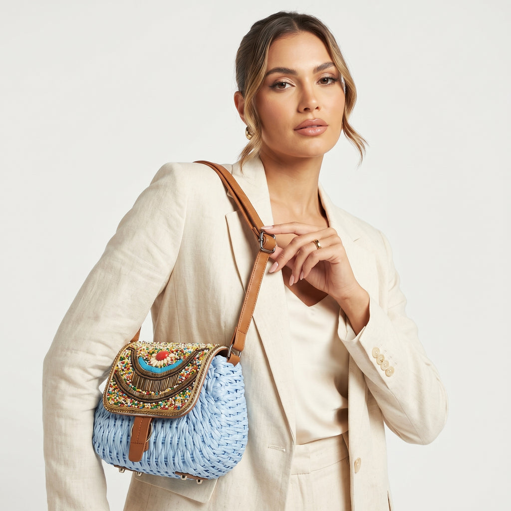 Borsa Tracolla in Rafia Intrecciata con Pattino Ricamato a Perline - Stile Donna Bags