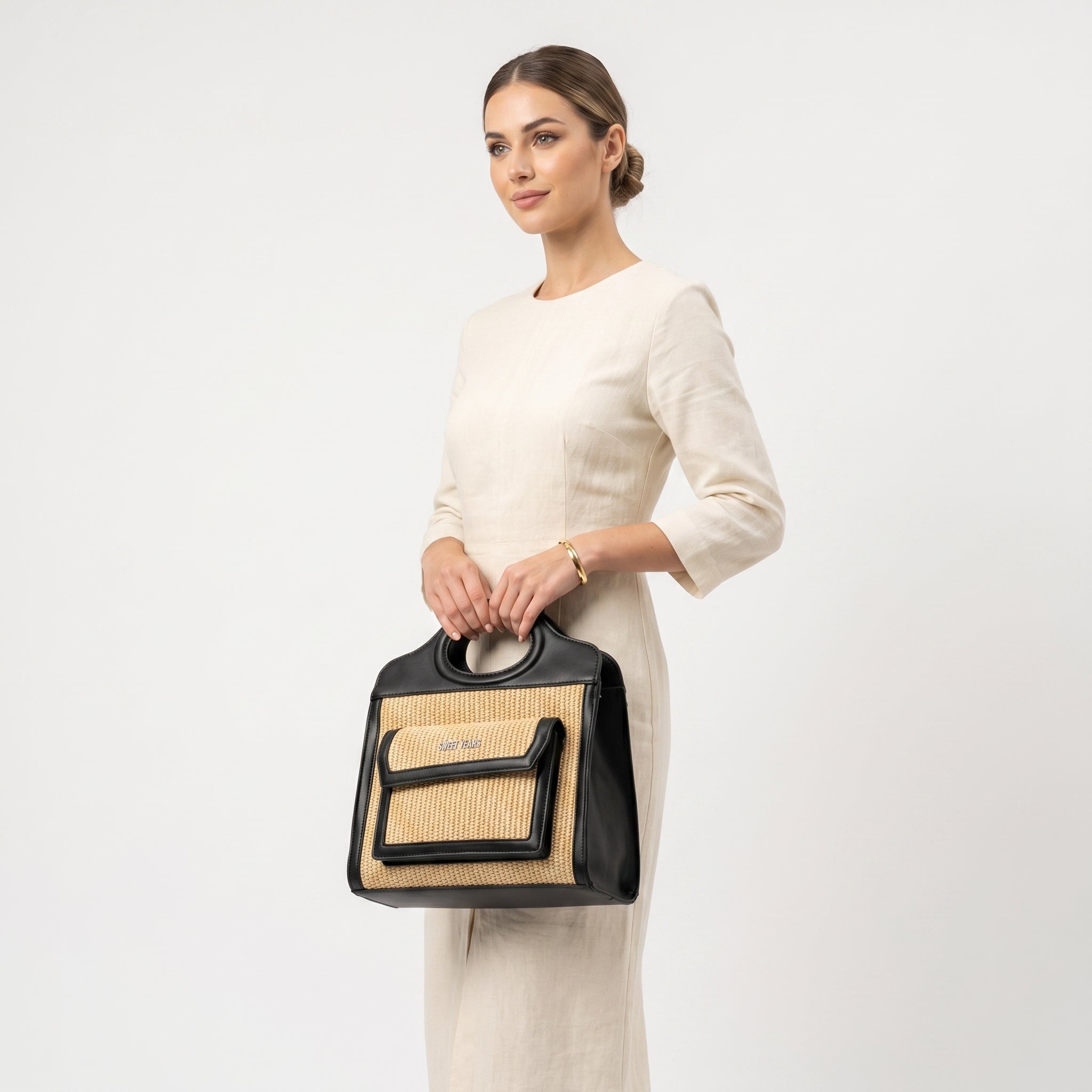 Sweet Years Borsa Shopping in Tessuto Intrecciato ed Ecopelle con Tasca Frontale - Stile Donna Bags