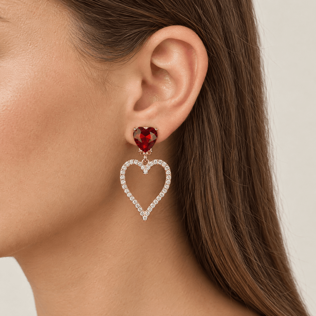 Orecchini a Cuore con Cristallo Rosso - Stile Donna - Catania