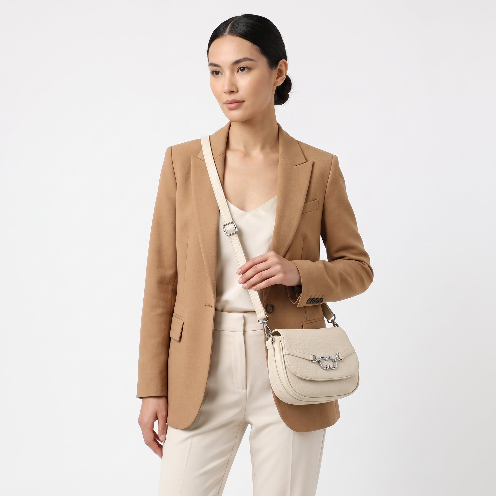 Saddle Bag Charro Beige con Doppio Anello Logo e Tracolla Rimovibile - Stile Donna Bags