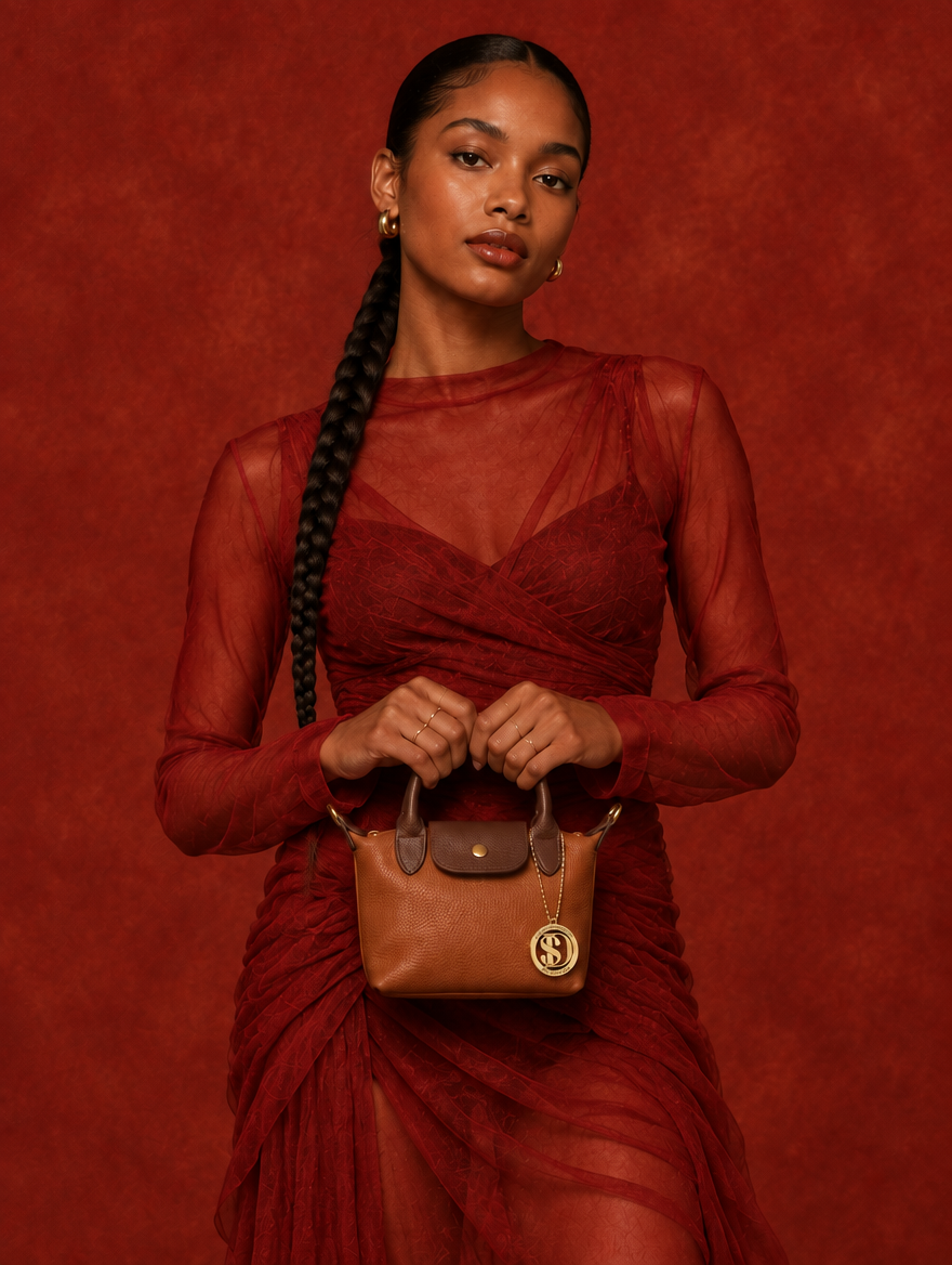 Modella con mini borsa a mano in vera pelle Stile Donna