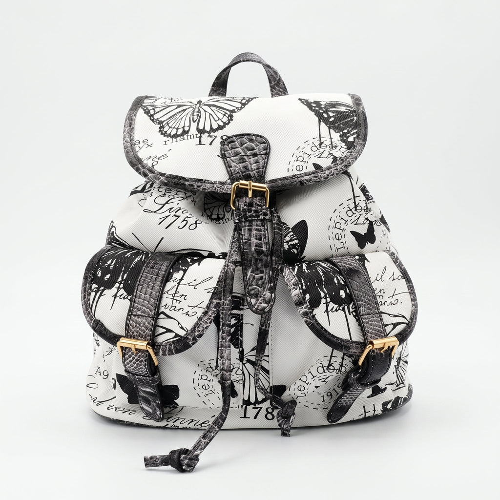 Zaino Adelina in Canvas Farfalle con Rifiniture in Ecopelle e Coulisse - Stile Donna Bags