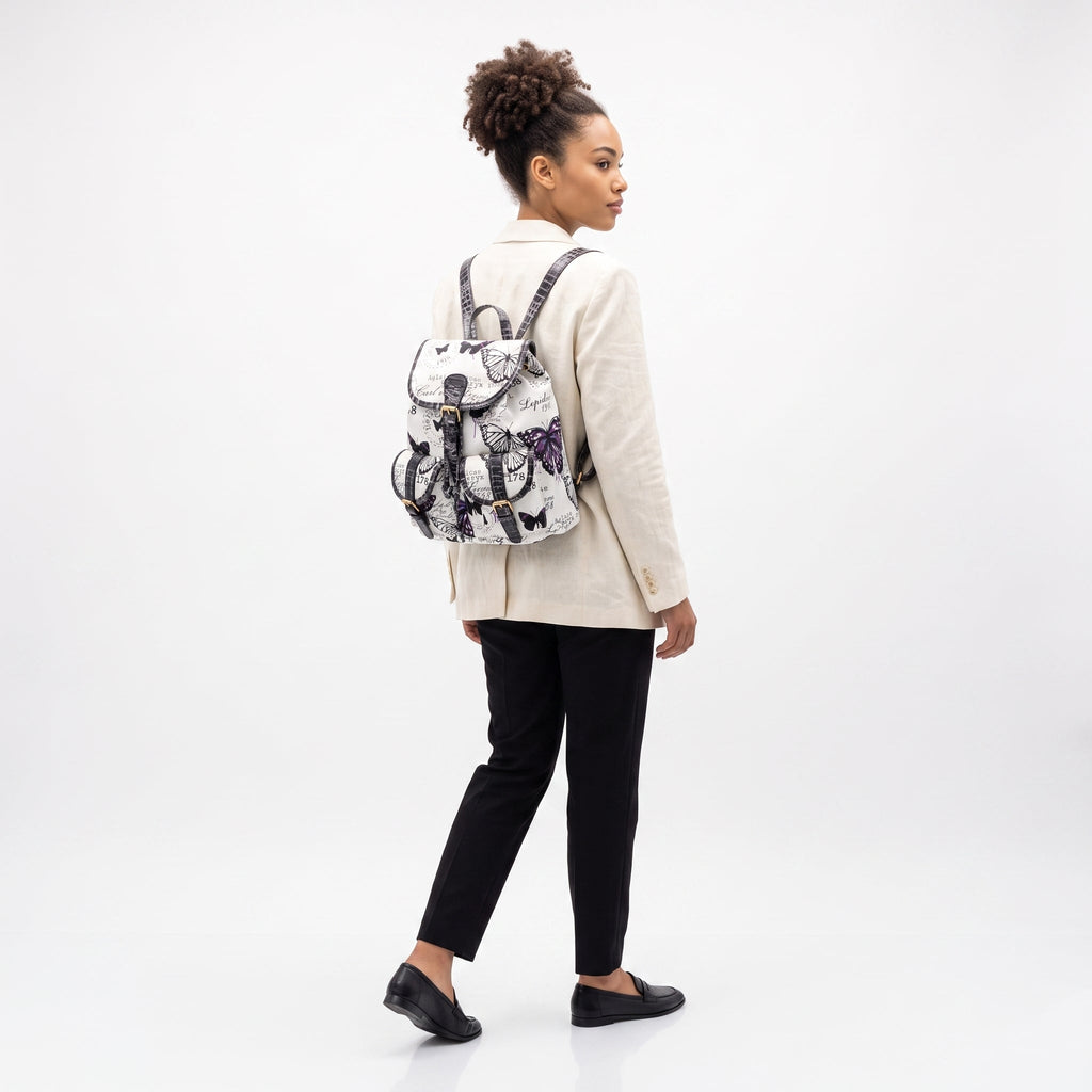 Zaino Adelina in Canvas Farfalle con Rifiniture in Ecopelle e Coulisse - Stile Donna Bags