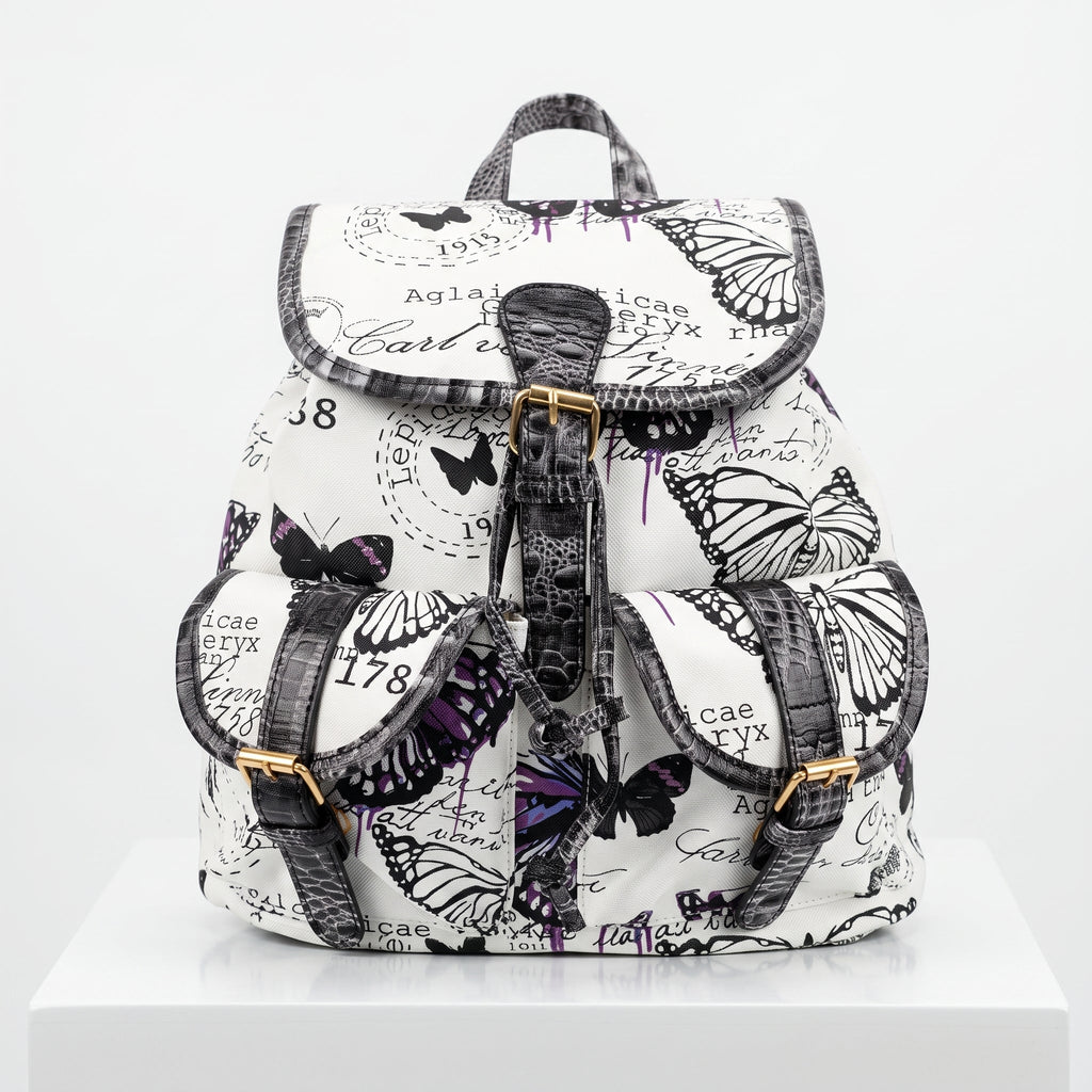 Zaino Adelina in Canvas Farfalle con Rifiniture in Ecopelle e Coulisse - Stile Donna Bags