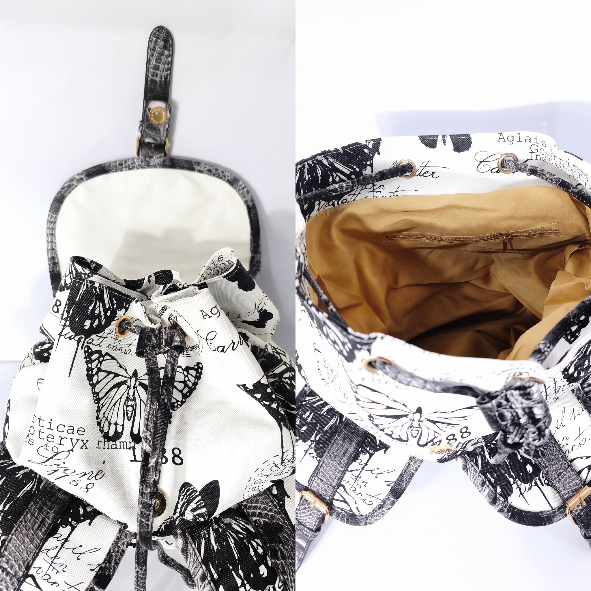 Zaino Adelina in Canvas Farfalle con Rifiniture in Ecopelle e Coulisse - Stile Donna Bags